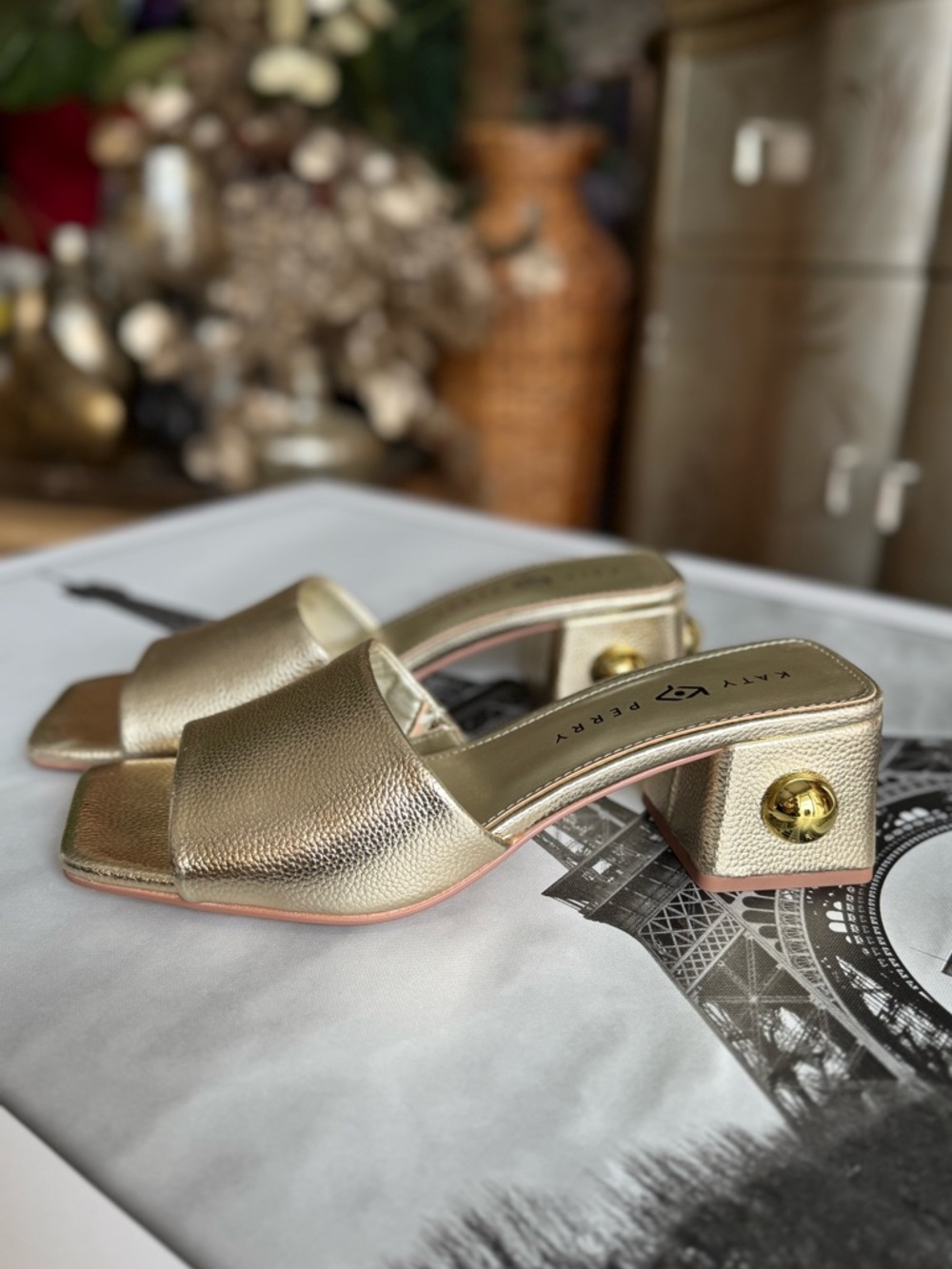 Katy Perry Collections Gold Metallic Block Heel Slide Sandals size 11